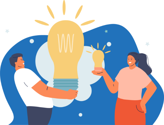 Three people collaborating around a light bulb, representing idea generation and teamwork